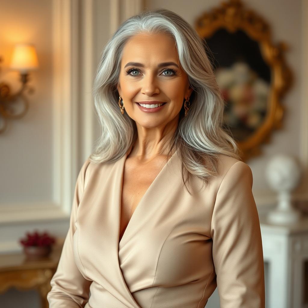 A stunning 70-year-old woman standing confidently, exuding elegance and allure without revealing too much
