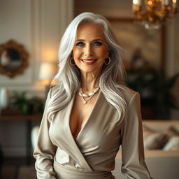 A stunning 70-year-old woman standing confidently, exuding elegance and allure without revealing too much