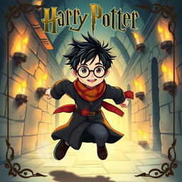 An illustration of a young male character inspired by Harry Potter, featuring round glasses, messy black hair, and a lightning-shaped scar on the forehead