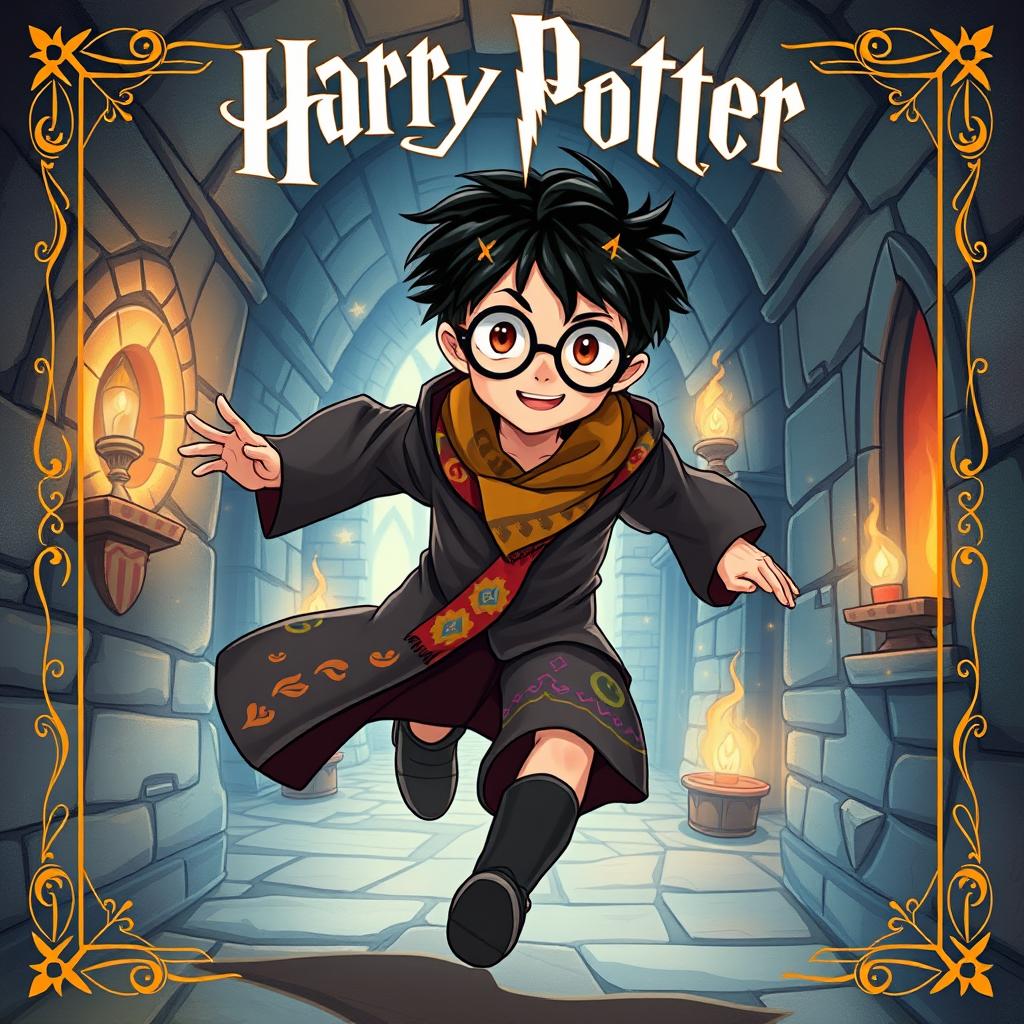 An illustration of a young male character inspired by Harry Potter, featuring round glasses, messy black hair, and a lightning-shaped scar on the forehead