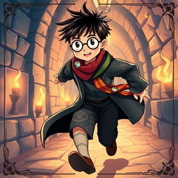 An illustration of a young male character inspired by Harry Potter, featuring round glasses, messy black hair, and a lightning-shaped scar on the forehead