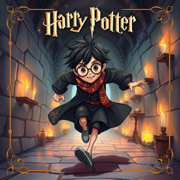 An illustration of a young male character inspired by Harry Potter, featuring round glasses, messy black hair, and a lightning-shaped scar on the forehead