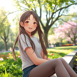 A serene and warm setting featuring a girl sitting beside the viewer in a beautiful park