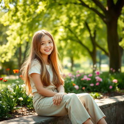 A serene and warm setting featuring a girl sitting beside the viewer in a beautiful park