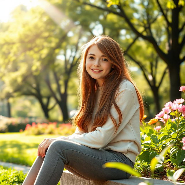 A serene and warm setting featuring a girl sitting beside the viewer in a beautiful park