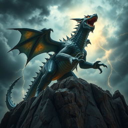 A towering, mythical monster with glistening scales and sharp claws, standing triumphantly on a rocky cliff against a stormy sky