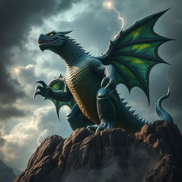 A towering, mythical monster with glistening scales and sharp claws, standing triumphantly on a rocky cliff against a stormy sky