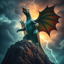 A towering, mythical monster with glistening scales and sharp claws, standing triumphantly on a rocky cliff against a stormy sky
