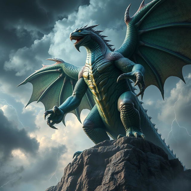 A towering, mythical monster with glistening scales and sharp claws, standing triumphantly on a rocky cliff against a stormy sky