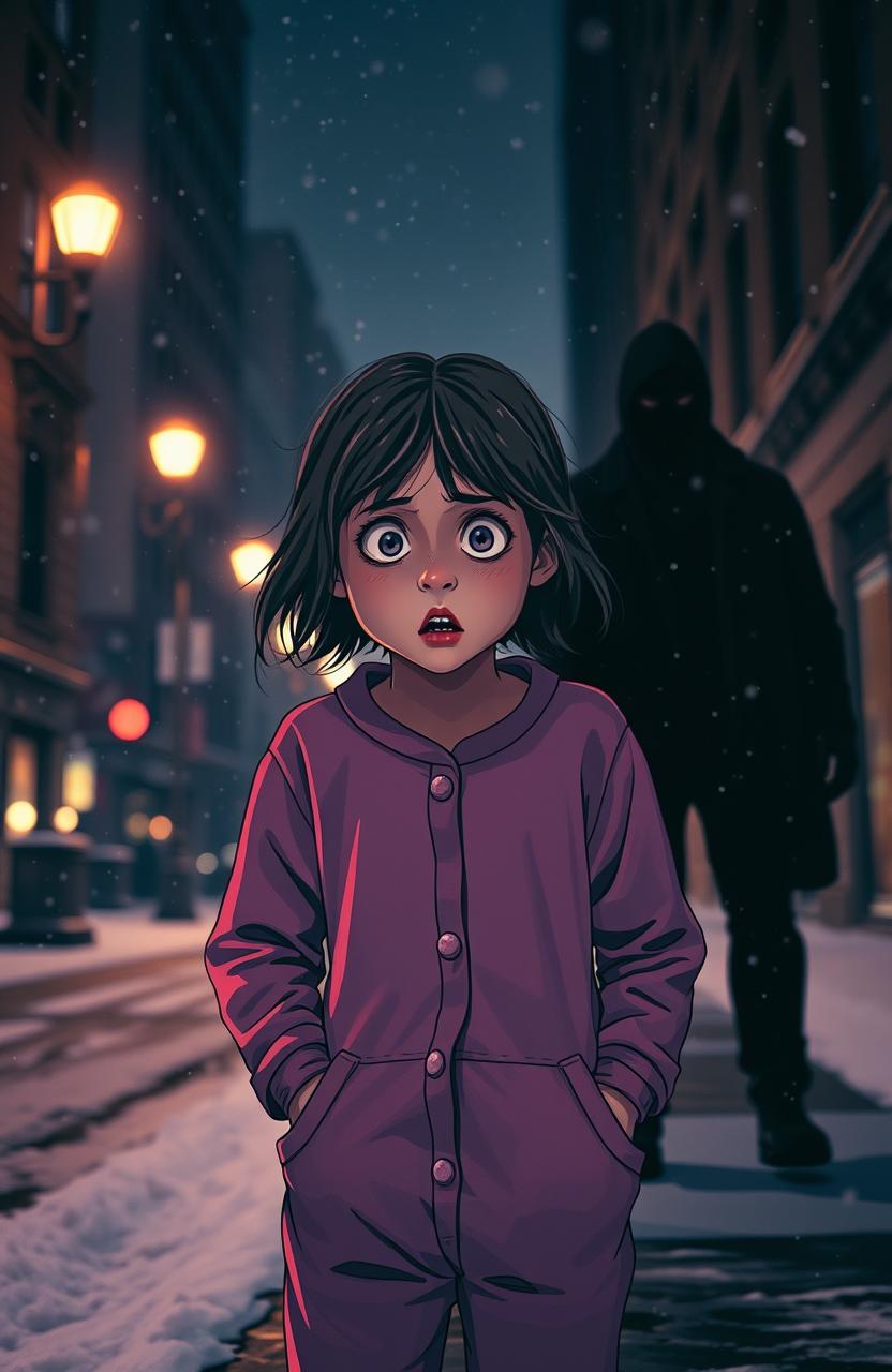 A frightened girl in pajamas standing on a city street during winter snowfall, illuminated by soft streetlights