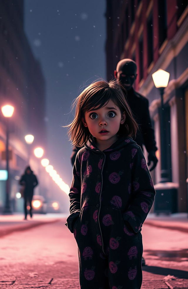 A frightened girl in pajamas standing on a city street during winter snowfall, illuminated by soft streetlights