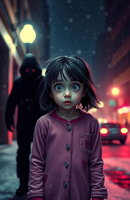 A frightened girl in pajamas standing on a city street during winter snowfall, illuminated by soft streetlights