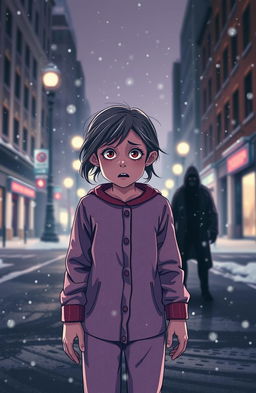 A frightened girl in pajamas standing on a city street during winter snowfall, illuminated by soft streetlights