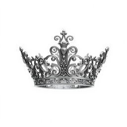 A small silver filigree crown family crest, intricately designed with delicate swirls and ornate details, depicted in a fantasy art style on a blank background