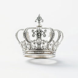 A small silver filigree crown family crest, intricately designed with delicate swirls and ornate details, depicted in a fantasy art style on a blank background