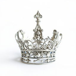 A small silver filigree crown family crest, intricately designed with delicate swirls and ornate details, depicted in a fantasy art style on a blank background