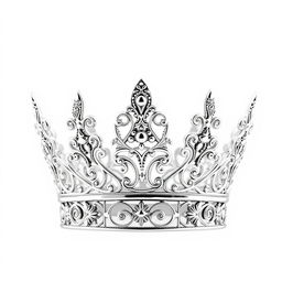 A small silver filigree crown family crest, intricately designed with delicate swirls and ornate details, depicted in a fantasy art style on a blank background