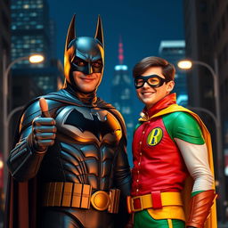 Farzam as a 35-year-old Batman, wearing the classic dark bat suit with a cape, embodying a friendly and supportive expression, giving a thumbs up to Robin