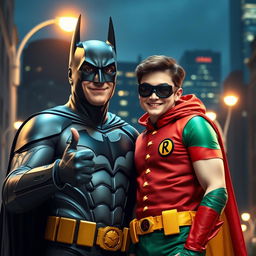 Farzam as a 35-year-old Batman, wearing the classic dark bat suit with a cape, embodying a friendly and supportive expression, giving a thumbs up to Robin