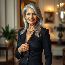 A striking 70-year-old woman standing confidently, exuding beauty and sophistication