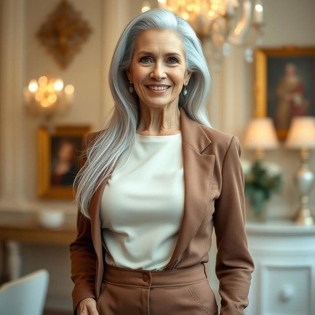 A striking 70-year-old woman standing confidently, exuding beauty and sophistication