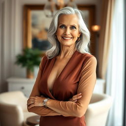 A striking 70-year-old woman standing confidently, exuding beauty and sophistication