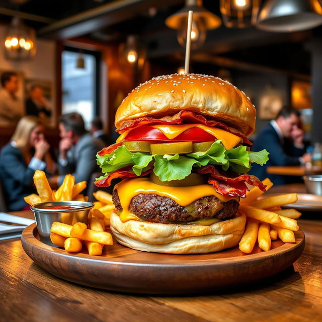 A mouth-watering gourmet burger, stacked high with a juicy patty, melted cheddar cheese, crispy bacon, fresh lettuce, ripe tomato slices, and pickles, all nestled in a sesame seed bun