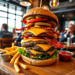 A mouth-watering gourmet burger, stacked high with a juicy patty, melted cheddar cheese, crispy bacon, fresh lettuce, ripe tomato slices, and pickles, all nestled in a sesame seed bun