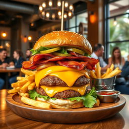 A mouth-watering gourmet burger, stacked high with a juicy patty, melted cheddar cheese, crispy bacon, fresh lettuce, ripe tomato slices, and pickles, all nestled in a sesame seed bun