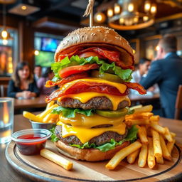 A mouth-watering gourmet burger, stacked high with a juicy patty, melted cheddar cheese, crispy bacon, fresh lettuce, ripe tomato slices, and pickles, all nestled in a sesame seed bun