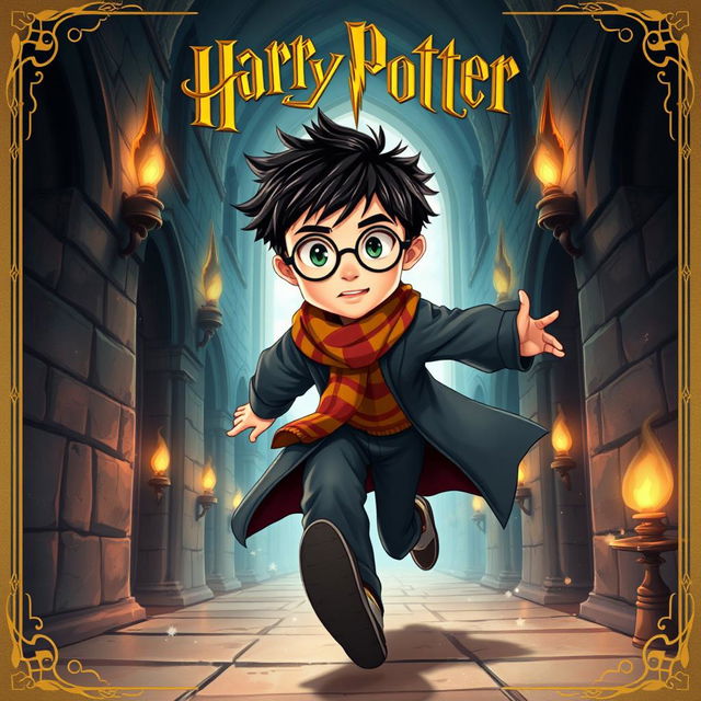 An original illustration of a young male character reminiscent of Harry Potter, with distinct round glasses, tousled black hair, and a unique twist on his lightning bolt scar