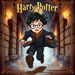 An original illustration of a young male character reminiscent of Harry Potter, with distinct round glasses, tousled black hair, and a unique twist on his lightning bolt scar