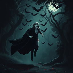 A dark, mysterious scene featuring a vampire elegantly running through a lush, dense forest