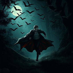 A dark, mysterious scene featuring a vampire elegantly running through a lush, dense forest