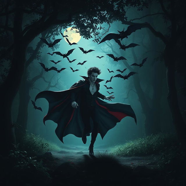 A dark, mysterious scene featuring a vampire elegantly running through a lush, dense forest