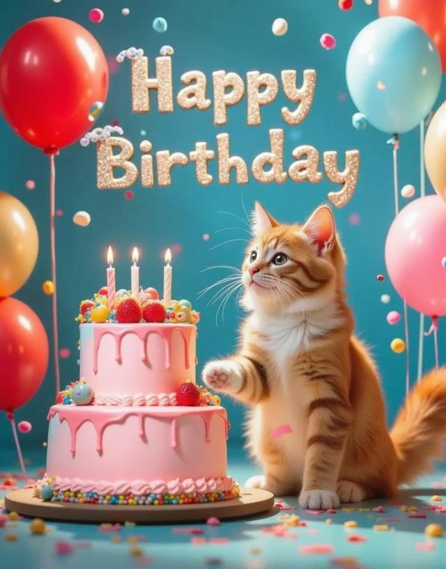 A festive birthday scene featuring a cute orange tabby kitten reaching out towards a colorful, two-tiered birthday cake adorned with strawberries and colorful sprinkles