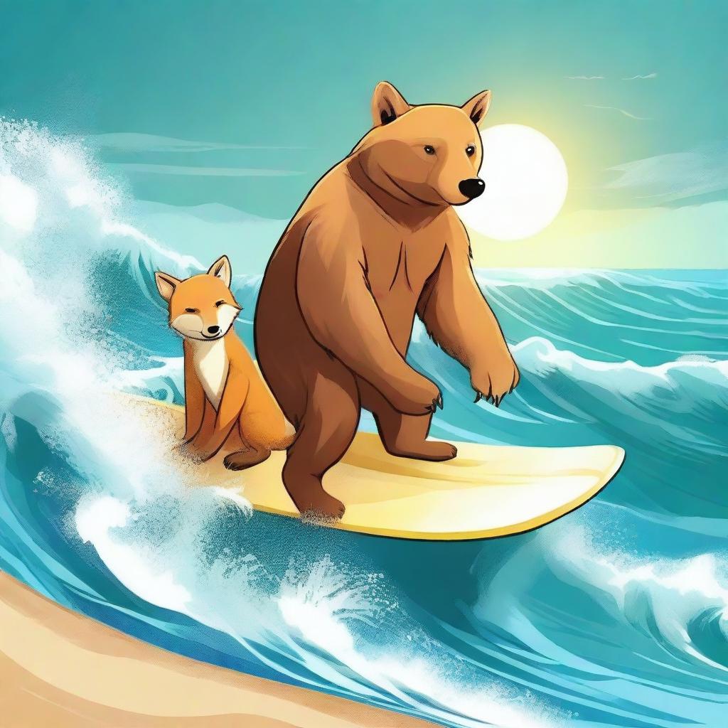 This digital art piece showcases a bear and a fox in the middle of an exciting surf session