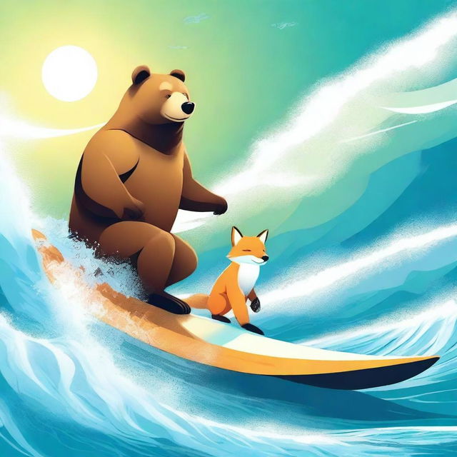 This digital art piece showcases a bear and a fox in the middle of an exciting surf session