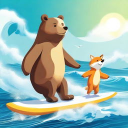 This digital art piece showcases a bear and a fox in the middle of an exciting surf session