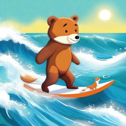 This digital art piece showcases a bear and a fox in the middle of an exciting surf session