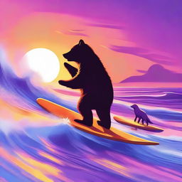 This digital art captures a bear and a fox surfing during a breathtaking sunset