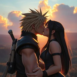 A hyper-realistic scene capturing the passionate kiss between Cloud Strife and Tifa Lockhart from Final Fantasy VII