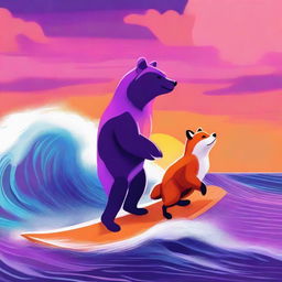 This digital art captures a bear and a fox surfing during a breathtaking sunset