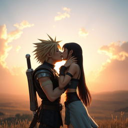 A hyper-realistic scene capturing the passionate kiss between Cloud Strife and Tifa Lockhart from Final Fantasy VII