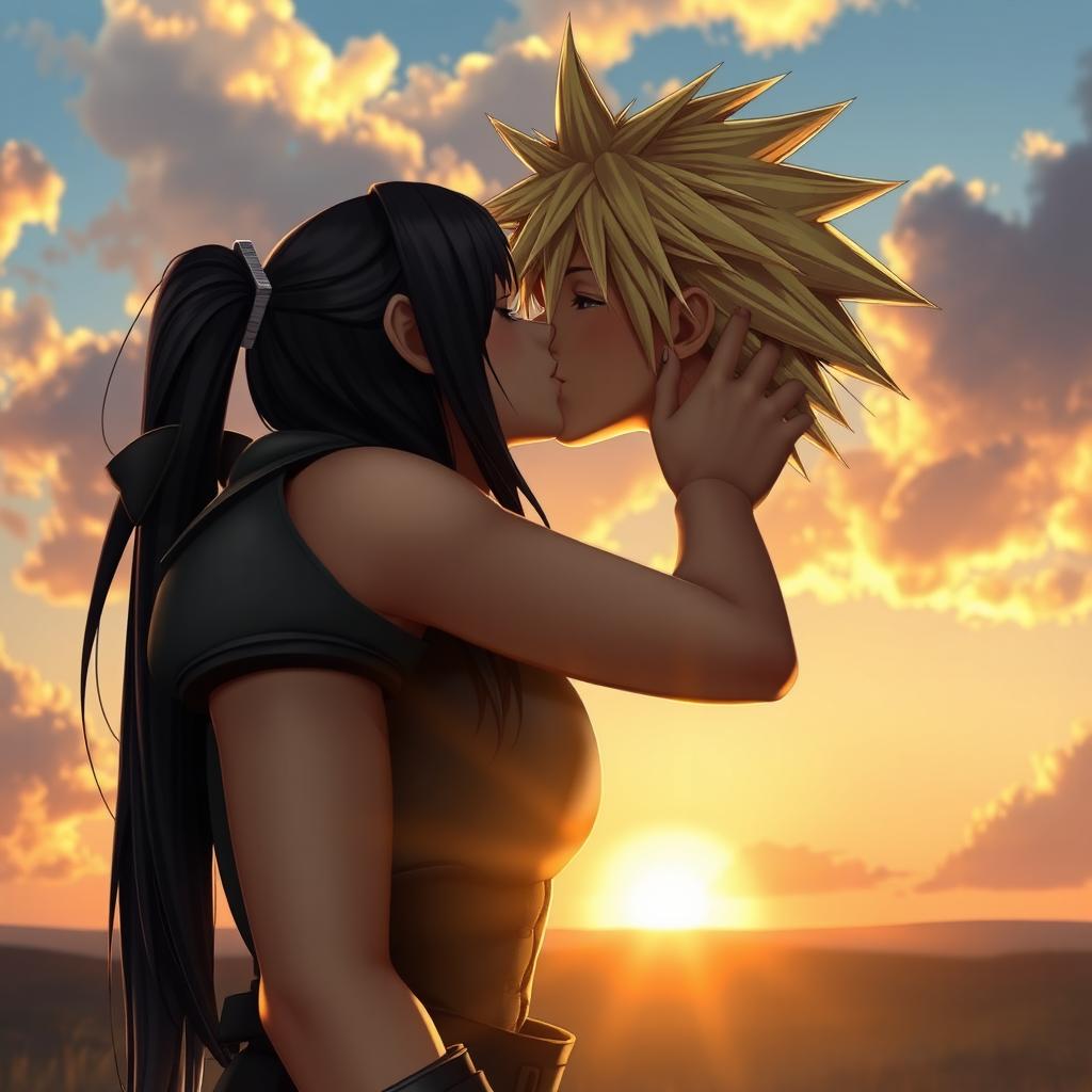 A hyper-realistic scene capturing the passionate kiss between Cloud Strife and Tifa Lockhart from Final Fantasy VII