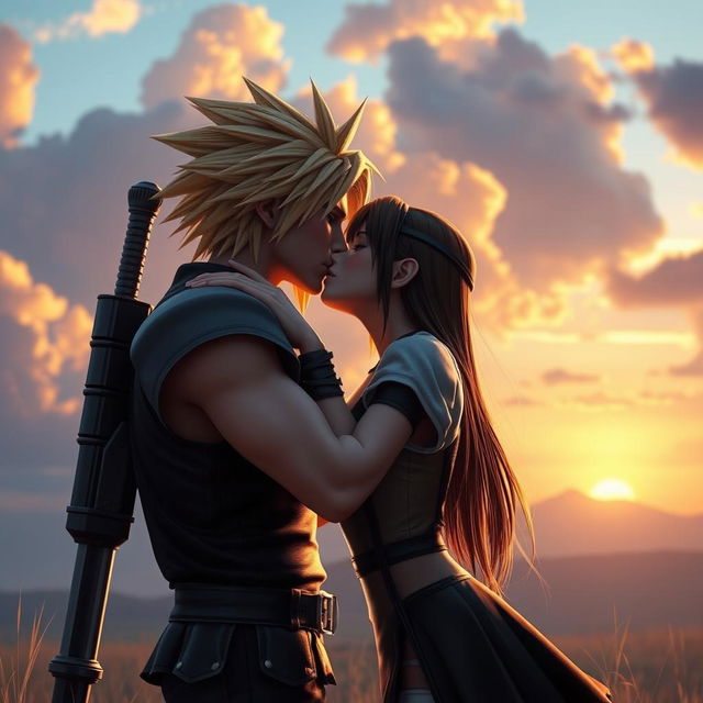 A hyper-realistic scene capturing the passionate kiss between Cloud Strife and Tifa Lockhart from Final Fantasy VII