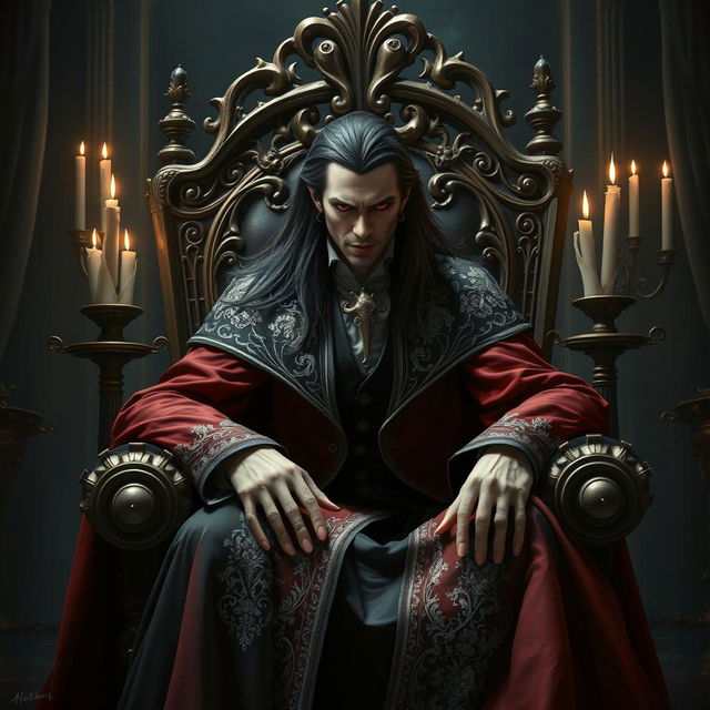 A majestic vampire sitting regally on an ornate throne, featuring intricate gothic designs