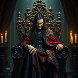A majestic vampire sitting regally on an ornate throne, featuring intricate gothic designs