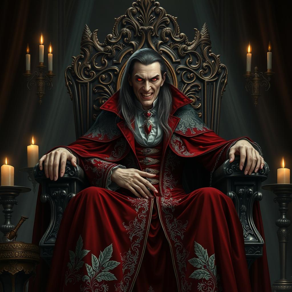 A majestic vampire sitting regally on an ornate throne, featuring intricate gothic designs