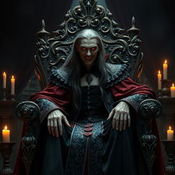 A majestic vampire sitting regally on an ornate throne, featuring intricate gothic designs